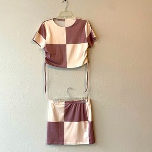 Women SXY Colorblock Drawstring Ruched Side Crop Tee & Skirt Set